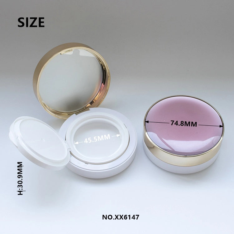 74.8mm Elegant Dome Top Empty Cushion Foundation Case with Gold Rim and Pure White Interior