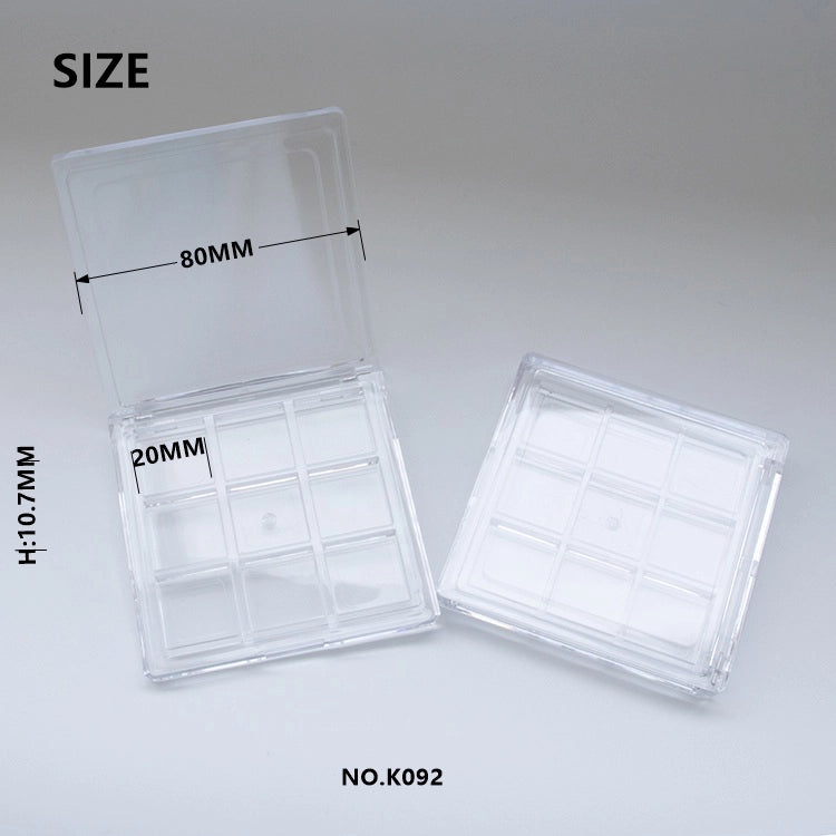80mm Ultra-Slim Fully Transparent 9-Pan Square Empty Eyeshadow Palette for Color Displays