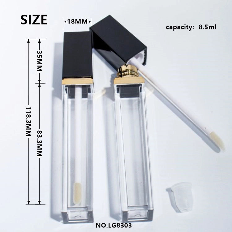 8.5ml Large Capacity Square Clear Liquid Lipstick Tube with Screw Cap|Custom Gold Collar Logo